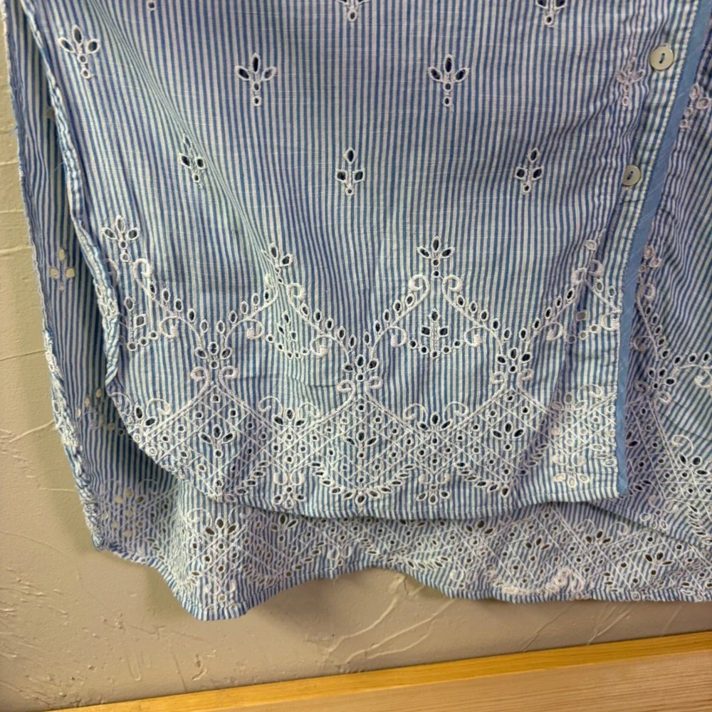 Anthropologie Eyelet Striped Midi Shirtdress Women L Blue White Coastal Cottage